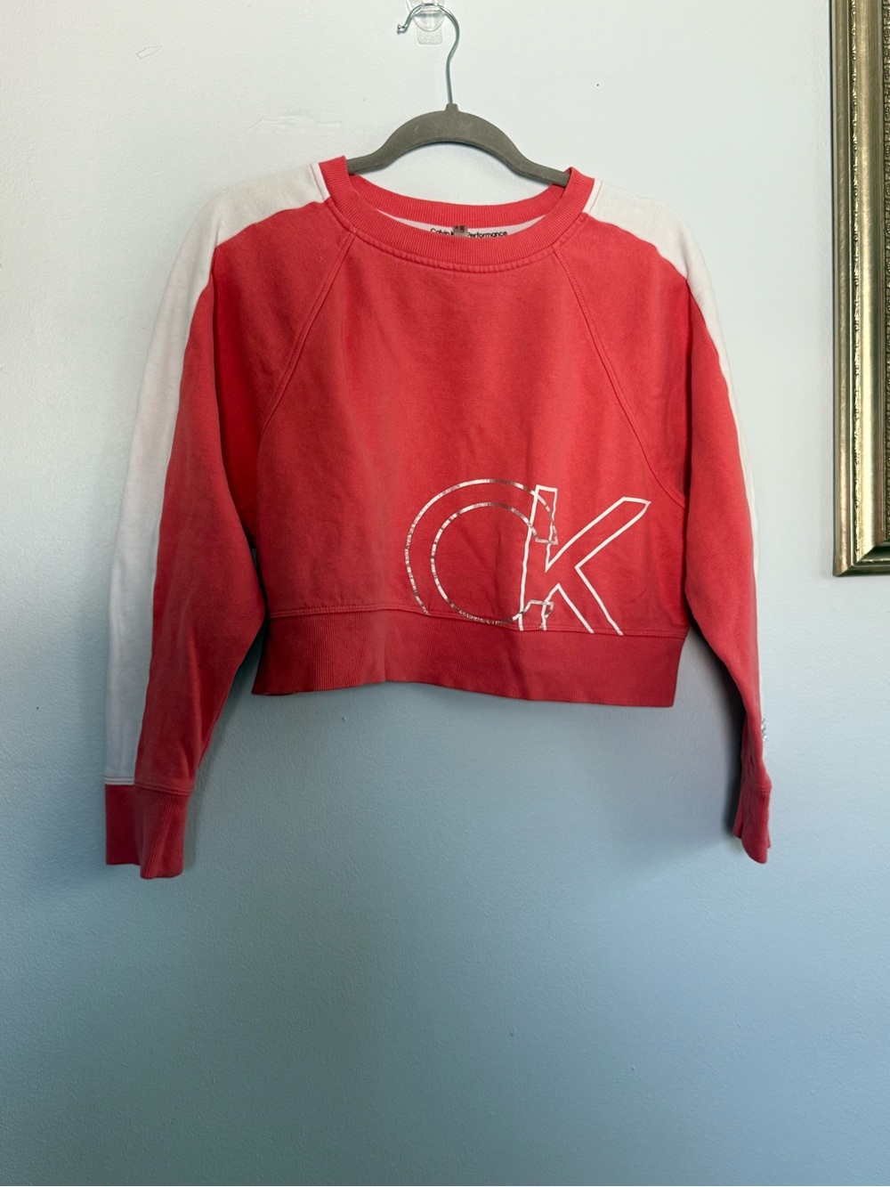 Calvin Klein Coral Crop Sweatshirt with Cream Sleeve Panels
